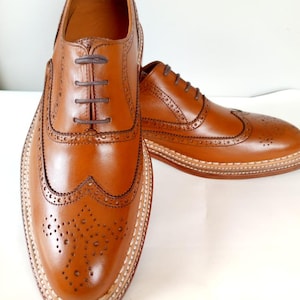 Handmade Genuine Leather Tan Color Oxford Brogue Wingtip Lace Up Shoes For Wedding & Party