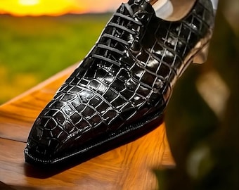 Handmade Alligator Texture Leather Oxfords | Black Lace-Up Dress Shoes