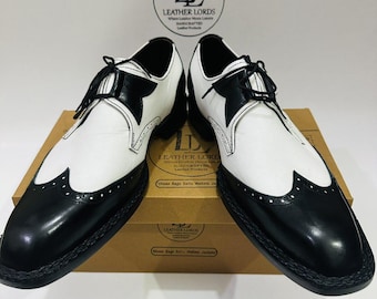Handgemaakte zwart-witte vleugeltip derbyschoenen | Tweekleurige leren geklede schoenen | Formele schoenen in vintage stijl voor heren | Brogue toeschouwersschoenen