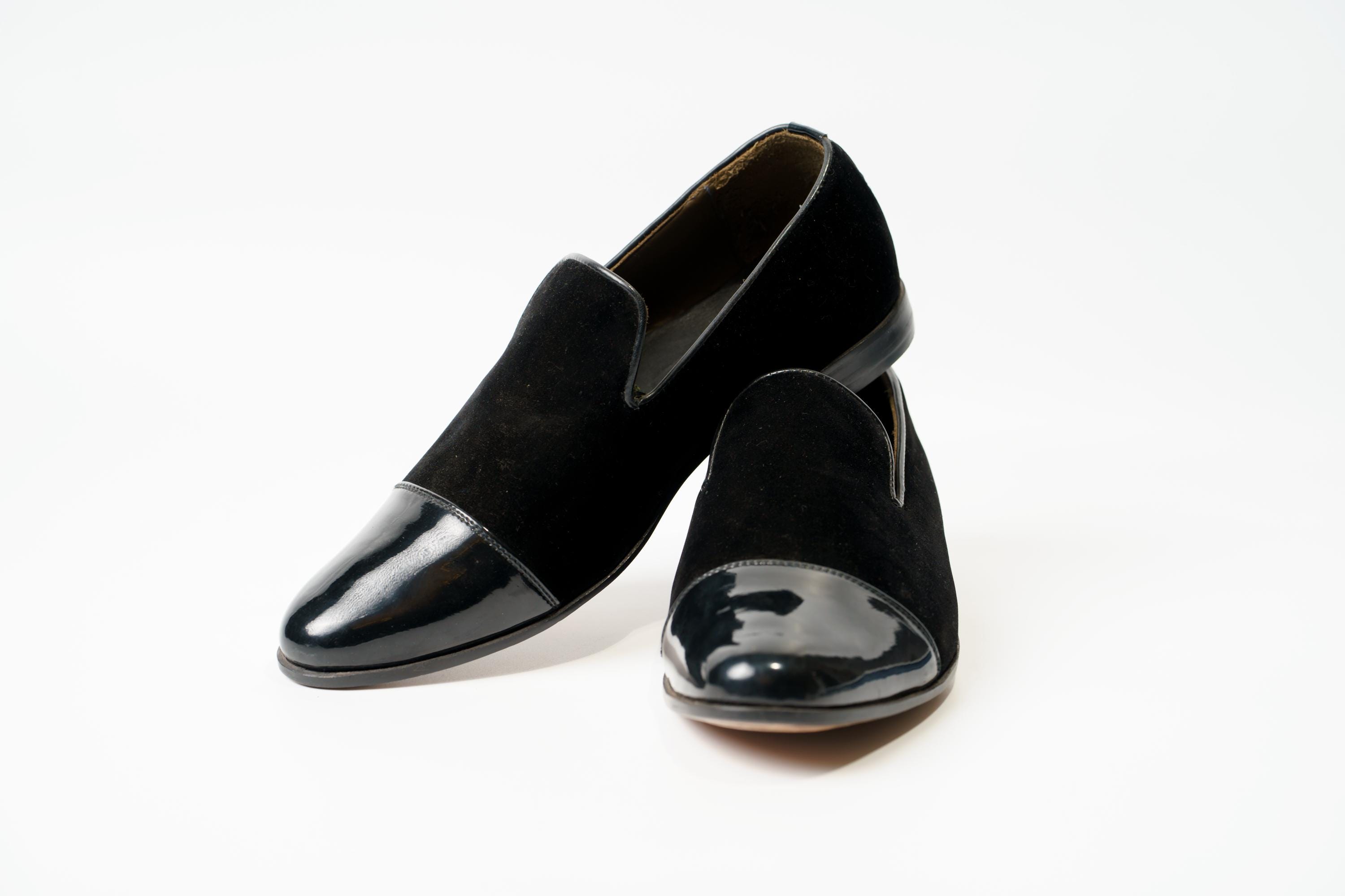 Handmade Black Velvet Loafers for Men Embroidered Slip-on 