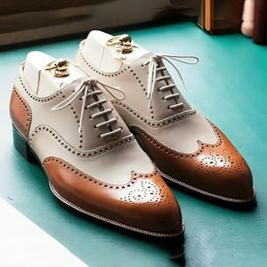 Handmade Mens Premium Quality White & Brown Wingtip Brogue Lace Up Oxford Dress Formal Shoes for Wedding Party casual Wear