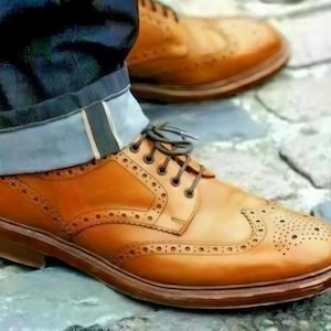 Men's Tan Leather Brogue Wingtip Derby Dress Shoes Oxford Smart Casual