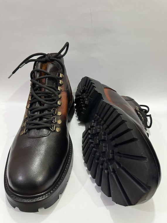 Men\'s Brown Leather Lace-Up Hiking Boots with Lug Sole Llbean goretex lace up lug sole boots mens size 9.5 W brown  main image 2