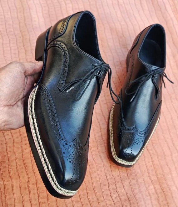 Handmade Black Leather Wingtip Brogues | Men’s Lace-Up Dress Shoes | Unique Sole Oxford | Custom Formal Wedding Shoes | Luxury Footwear
