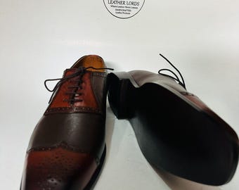 Handcrafted Two-Tone Leather Oxford Brogues | Burgundy Wingtip Shoes