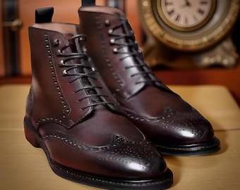 Handgemaakte bruine leren broguelaarzen voor heren – Klassieke vleugellaarzen | Vintage enkelschoenen met veters | Formele en casual leren schoenen