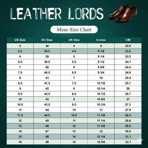 May include: A shoe size chart from Leather Lords, with US, EU, and UK sizes, inches, and centimeters. The chart includes sizes from US 5 (22.9 cm) to US 16 (32.1 cm). Two brown leather shoes are shown at the top.