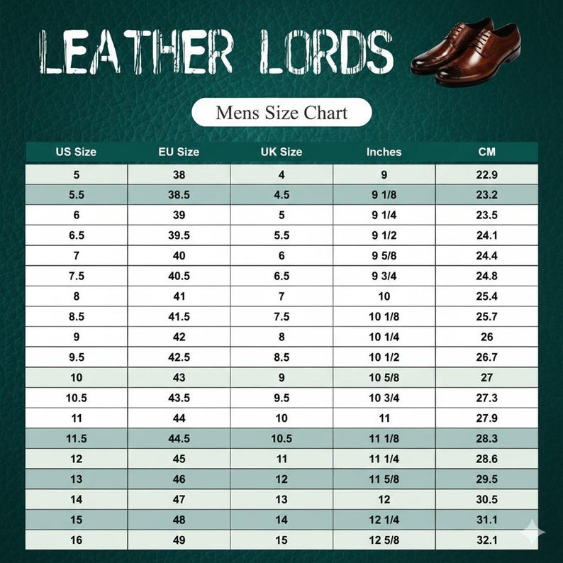 May include: A shoe size chart from Leather Lords, with US, EU, and UK sizes, inches, and centimeters. The chart includes sizes from US 5 (22.9 cm) to US 16 (32.1 cm). Two brown leather shoes are shown at the top.