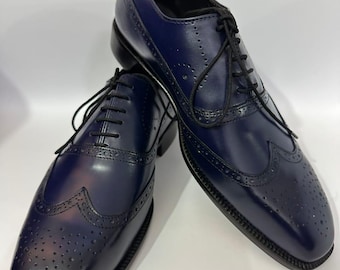 Handmade Navy Blue Leather Brogues | Mens Polished Semi-Brogue Oxford Dress Shoes | Custom Formal Wedding Footwear