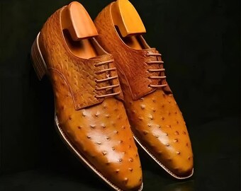 Sapatos Derby Masculinos Artesanais com Textura de Couro de Avestruz e Cadarço | Sapatos Premium para Festas Masculinas