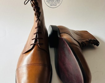Handgemaakte bruine leren laarzen voor heren | Enkellaarsjes met vetersluiting | Klassieke formele leren laarzen Vintage Goodyear herenschoenen met rand