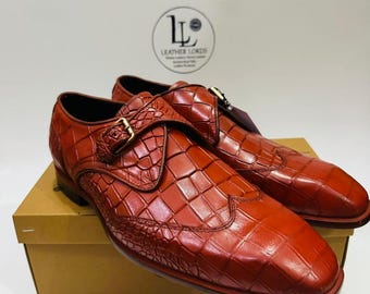 Handcrafted Tan Crocodile Pattern Monk Straps | Genuine Leather Exotic Dress Shoes | Business Formal Special Occasion Exotic Formal Footwear