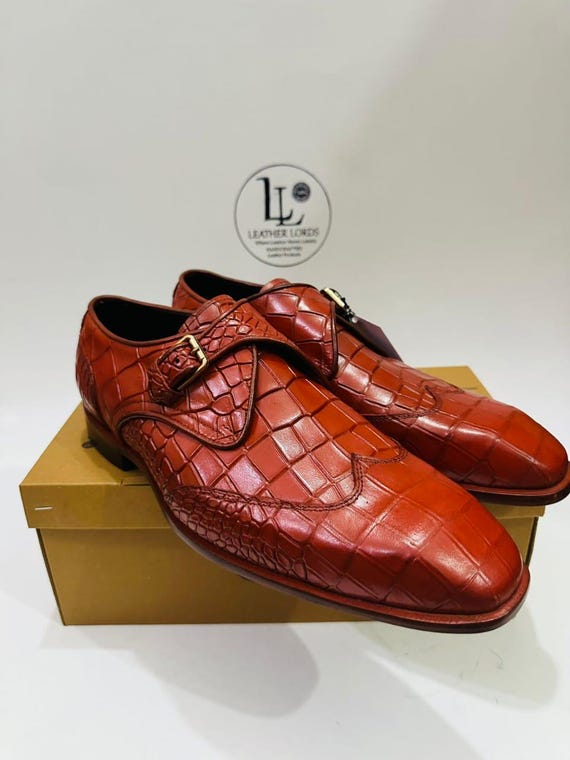 Handcrafted Tan Crocodile Pattern Monk Straps | Genuine Leather Exotic Dress Shoes | Business Formal Special Occasion Exotic Formal Footwear Handcrafted Tan Crocodile Pattern Monk Straps | Genuine Leather Exotic Dress Shoes | Business Formal Special Occasion Exotic Formal Footwear
