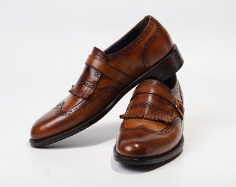 Handmade Brown Leather Kiltie Monk Strap for Men – Wingtip Brogue Slip-On Dress Shoes – Formal & Vintage Style Footwear"