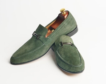 Men’s Green Suede Loafers – Handmade Slip-On Dress Shoes with Metal Bit – Luxury Italian Style Moccasins