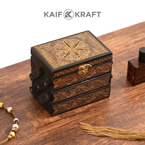 Organiseur de bijoux en bois pliable | Mallette de rangement à plusieurs compartiments | Cadeau fait main pour elle