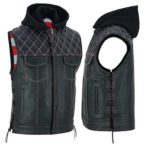 May include: A black leather vest with a quilted hood and shoulders. The vest features red stitching, two front pockets, and side lacing. The interior lining has a red and white striped pattern.