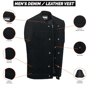 Men&#39;s Denim Biker Vest | Sleeveless Motorcycle Riding Black & Blue Jacket | Club Style Cut Off Vest with Concealed Carry Pockets