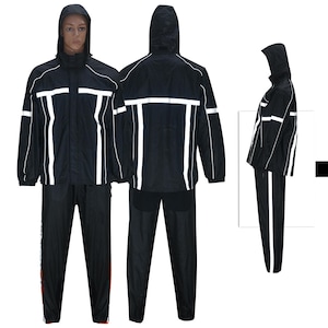 May include: A black and white rain suit with reflective strips. The jacket has a hood and a zipper closure. The pants have an elastic waistband.