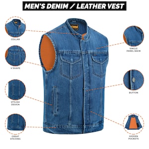 Men&#39;s Denim Biker Vest | Sleeveless Motorcycle Riding With band Collar Blue Jacket | Club Style Cut Off Vest with Concealed Carry Pockets