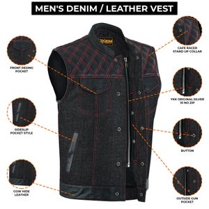 Könnte beinhalten: Eine schwarze Denim- und Lederweste mit roten Nähten. Die Weste hat einen Stehkragen, einen Reißverschluss und mehrere Taschen. Die Weste ist aus Rindsleder gefertigt und hat einen YKK-Reißverschluss.
