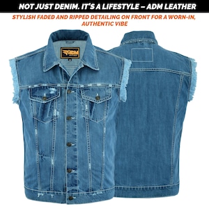 Op de afbeelding: Een lichtblauwe spijkerbroekvest met een versleten look, met stijlvolle vervaagde en gescheurde details. Het vest heeft een knoopsluiting, twee borstzakken en twee lagere zakken. De tekst "NOT JUST DENIM. IT'S A LIFESTYLE - ADM LEATHER" is zichtbaar.