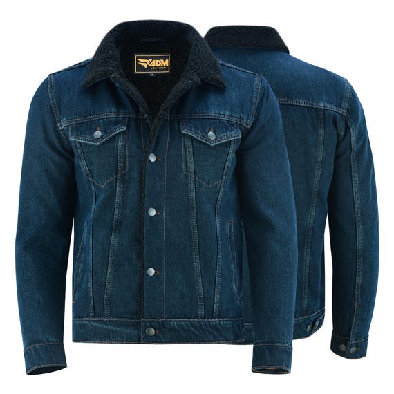 Mens Dark Blue Black Denim Fur Lined Jacket Winter Trucker Warm & Cool Coat Best Valentine Gift for Biker