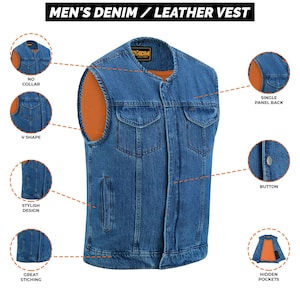 SOA Style Blue Denim Men&#39;s Motorcycle vest|Club Style Concealed Carry Pockets |Sleeveless Biker Riding Jacket,Gift for Bikers