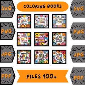 Puede incluir: Nueve portadas de libros para colorear coloridos con el título "Bold and Easy Cute Stuff Coloring Book". Las portadas presentan personajes de dibujos animados y objetos lindos. El texto "FILES 100+" está en la parte inferior de la imagen.