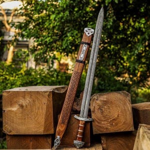 36” Damascus Northmen Sword with Scabbard, Handmade Collectible Medieval Viking LARP, Anniversary Groomsmen Gift for Him, Christmas Gift