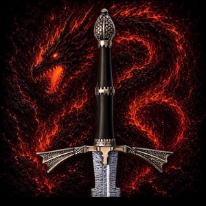 May include: A sword with a patterned metal blade, a black handle, and a metallic crossguard featuring wing-like extensions. The pommel is textured and rounded. The sword is positioned vertically against a dark background with red glowing patterns.