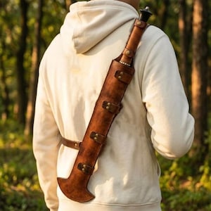 Può includere: Un fodero in pelle marrone con un coltello o una spada decorativa, indossato sulla spalla. Il fodero ha più cinghie con fibbie color ottone. L'impugnatura dell'arma è visibile in alto e il fodero è indossato sopra una felpa con cappuccio bianca.