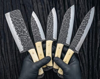Handmade Hammered Damascus Chef Knife Set with Leather Roll | Forged Steel Kitchen Knives Bone Handle | Custom Professional Cook Gift Set
