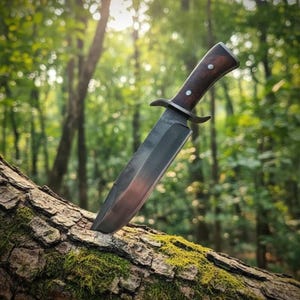 May include: A fixed-blade knife with a dark brown wooden handle secured by two silver rivets and a metal crossguard. The blade is made of dark, polished steel with a sharp edge and a pointed tip, embedded into the bark of a mossy tree trunk.