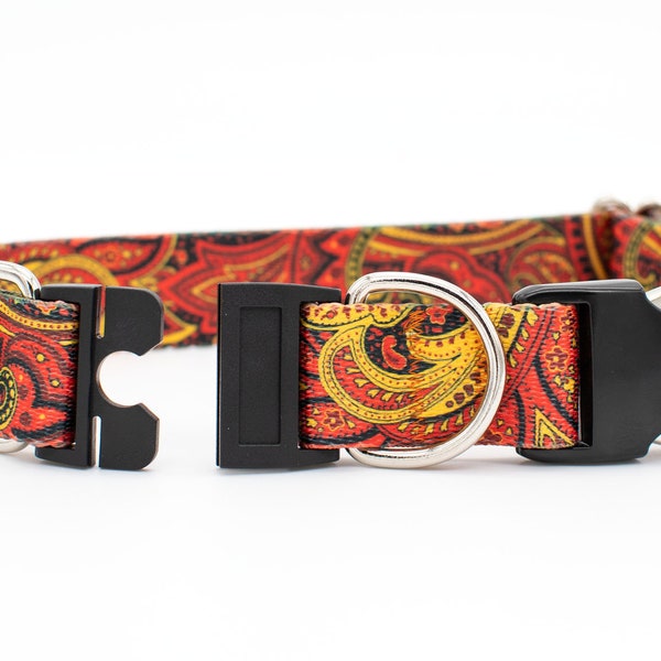 BREAKAWAY Personalized Fire Paisley Dog Collar - safety collar, goats, pigs, sheep, orange, red, black, yellow