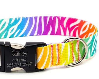 Personalized "Neon Zebra" | Rainbow Tiger Stripes, Flat Adjustable Dog Collar, Metal or Plastic Buckle, Optional Personalized ID Buckle