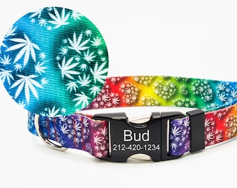 Personalized "Groovy Ganja" Flat Adjustable Dog Collar, Metal or Plastic Buckle, Optional Personalized ID Buckle