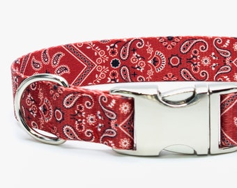 Personalized "Red Bandana" Flat Adjustable Dog Collar, Metal or Plastic Buckle, Optional Personalized ID Buckle