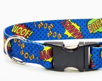 Personalized "Super Dog" Flat Adjustable Dog Collar, Metal or Plastic Buckle, Optional Personalized ID Buckle