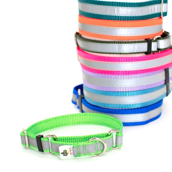 Reflective Martingale Dog Collar, strong welded metal hardware - 20 colors, 4 widths, MADE TO ORDER