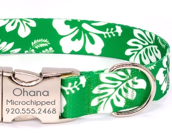 Hawaiian Flowers, Kelly Green, Flat Adjustable Dog Collar, Metal or Plastic Buckle, Optional Personalized ID Buckle