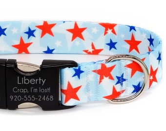 Personalized "Liberty" | Red White Blue Stars, Flat Adjustable Dog Collar, Metal or Plastic Buckle, Optional Personalized ID Buckle