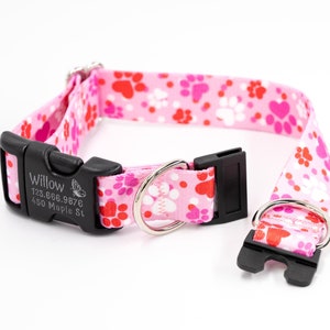BREAKAWAY Personalized &quot;Puppy Love&quot; Dog Collar - safety collar, pawprints, red, pink, white