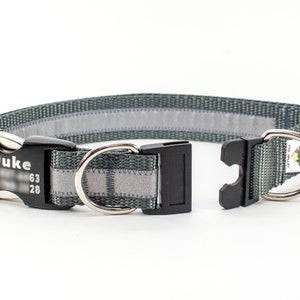 Personalized BreakAway Safety Dog Collar in Reflective Charcoal Gray, Tagless, CNC Engraved ID Buckle, made to order