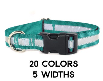 Reflective Flat Adjustable Dog Collar - 20 colors, 5 widths, any size