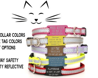 PERSONALIZED Reflective Adjustable BreakAway Safety Cat Collar and stainless steel Jingle-Free ID Tag 3/8" wide