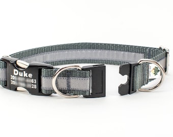 Personalized BreakAway Safety Dog Collar in Reflective Charcoal Gray, Tagless, CNC Engraved Aluminum Metal ID Buckle, made to order