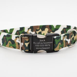 Personalized Green Bones Camo, UV & Moisture Resistant Adjustable Dog Collar, Metal or Plastic Buckle, Optional Personalized ID Buckle