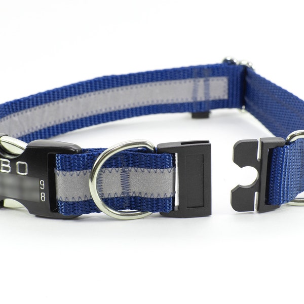 Personalized BreakAway Safety Dog Collar in Reflective Navy Blue, Tagless, CNC Engraved Metal ID Buckle, made to order