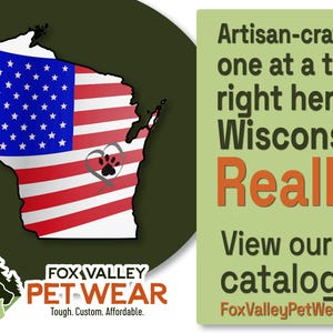 The image is a promotional graphic featuring the state of Wisconsin with the American flag and text promoting a pet wear company.